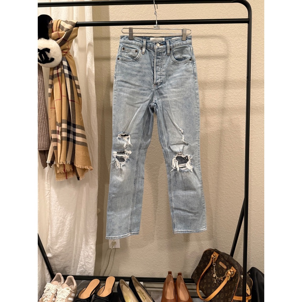 Denim Forum The Arlo High Rise Straight 28L Distressed Jeans Light Wash 24